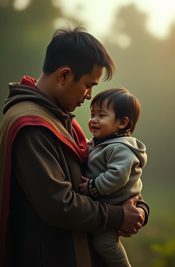  ayah yang sedang menggendong anak laki lakinya di pundak hyperrealistic, full body, detailed clothing, highly detailed, cinematic lighting, stunningly beautiful, intricate, sharp focus, f/1. 8, 85mm, (centered image composition), (professionally color graded), ((bright soft diffused light)), volumetric fog, trending on instagram, trending on tumblr, HDR 4K, 8K