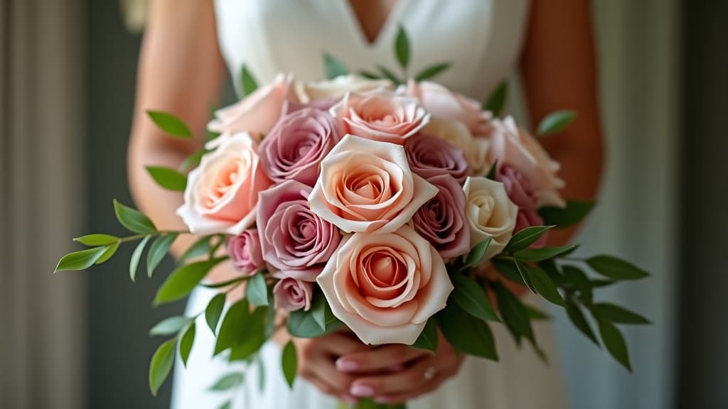  elegant wedding flower bouquet in past colors held by bride