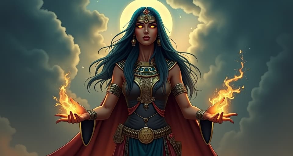  sky darkened with clouds, ancient sorceress with glowing eyes, power radiating from her. the style is digital art illustration / modern comic book / mysterious occult, symbolic, esoteric vibe,high detail on character design, incorporating ancient egyptian symbology and attire.