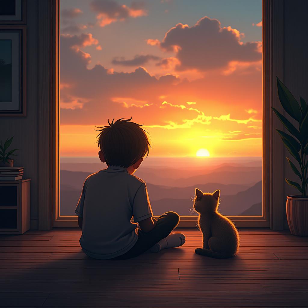  a boy sits on the floor and looks at the sunset, lying next to a kitten, award winning, professional, highly detailed, masterpiece