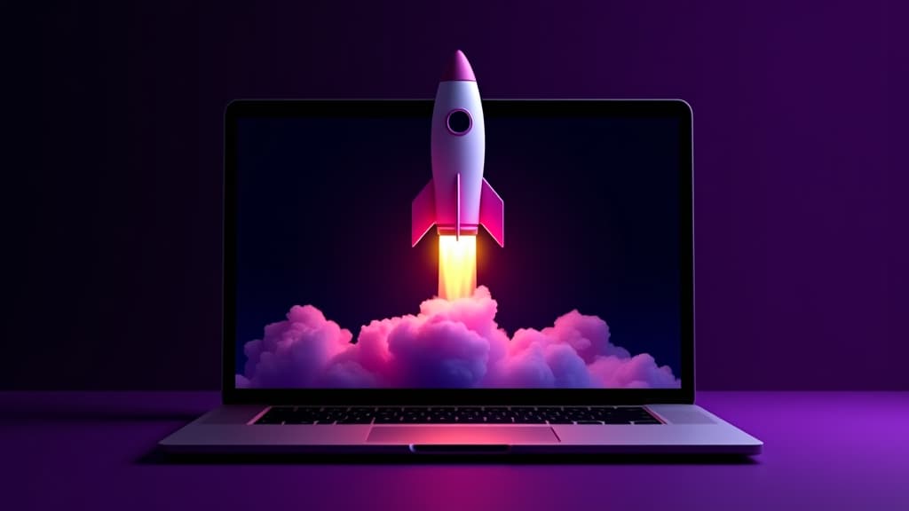  rocket coming out of laptop screen, black purple background