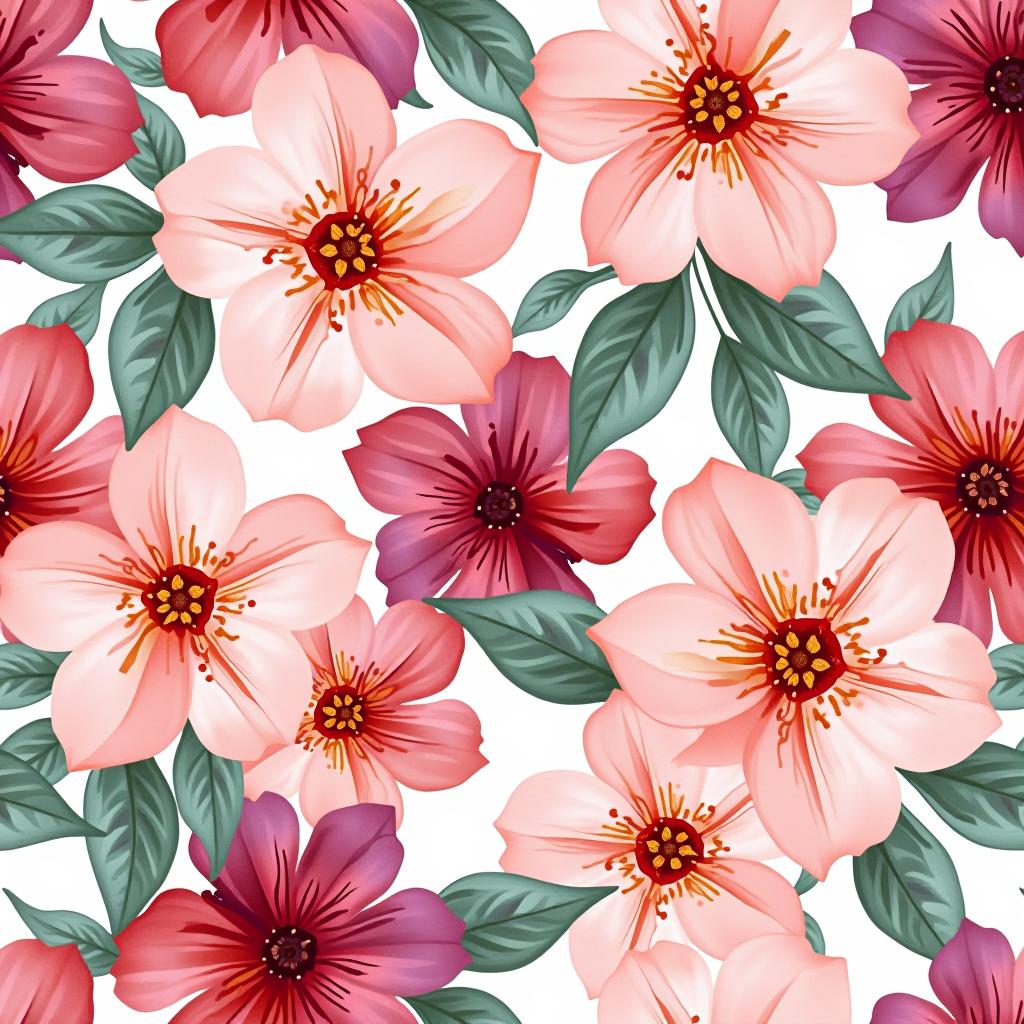  create a seamless digital design featuring a pattern of large, beautiful flowers with soft, watercolor like effects. the flowers should cover the entire surface, creating a bold, elegant, and continuous look. the overall style should be light and airy, with delicate leaves and petals to enhance the natural, floral theme. the design should be seamless to ensure it can be used in repeating patterns or wraps.