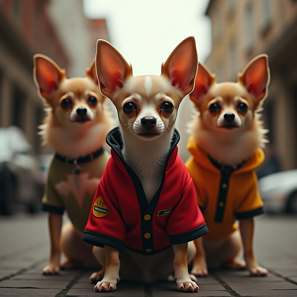  chihuahua crew with super chihuahua in the front hyperrealistic, full body, detailed clothing, highly detailed, cinematic lighting, stunningly beautiful, intricate, sharp focus, f/1. 8, 85mm, (centered image composition), (professionally color graded), ((bright soft diffused light)), volumetric fog, trending on instagram, trending on tumblr, HDR 4K, 8K