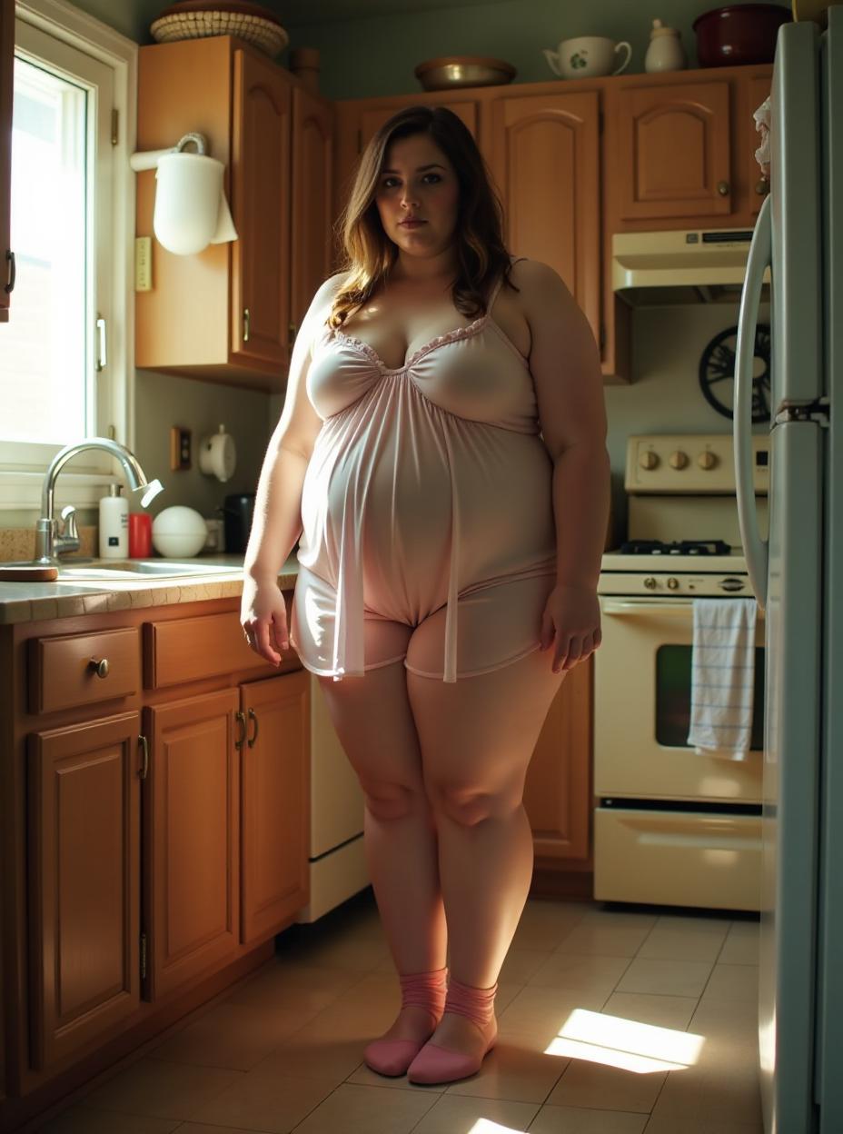  tight, close up shot, sunlight spills across a cluttered kitchen. a extremely gigantic, colossal, young tween russian giantess, practically filling in the kitchen, dwarfing all furniture, she fills entire space, crouch, curves her well developed frame in micro silk tight nightgown that rides impossibly high. colorful thigh high socks k. her very short parents huddle together in the background, dwarfed by their sheer size, high quality, high details, hd, perfect composition, 4k epic detailed, highly detailed, sharp focus, high resolution