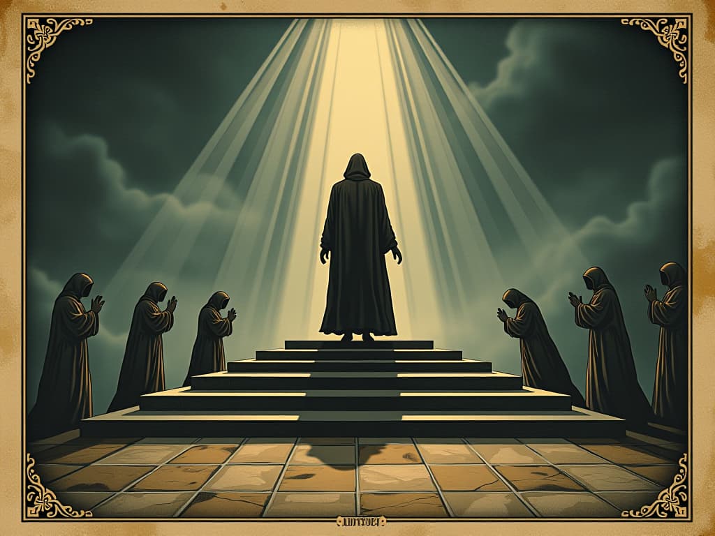  a robed figure stepping onto an elevated platform, beams of light forming a path, ethereal figures bowing in reverence, sense of ascension and purpose. an illustration in the style of a worn, mystical old tarot trump card, mysterious and elements of surrealism. the colors are muted, somber and eerie, but with contrast bring out an occult and esoteric vibe.