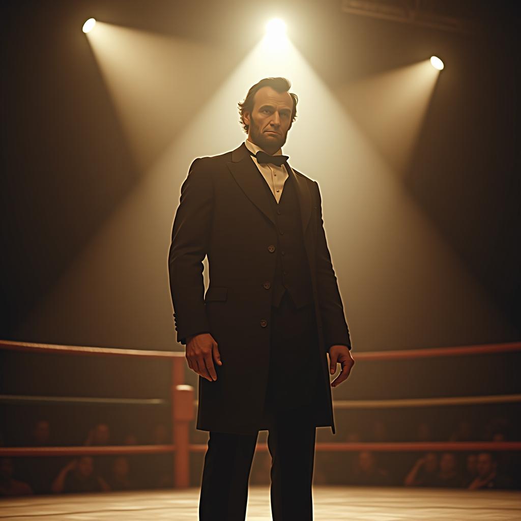  create a high quality, photorealistic image that vividly depicts the following scene: a dramatic depiction of abraham lincoln in a vintage wrestling ring, his tall, strong frame illuminated under an antiquated gaslight spotlight. powerful muscles flex as he gears up for a match, a focused, determined expression on his uniquely recognizable face. the hall of fame surroundings are filled with crowd shadows, all eyes glued on the legendary lincoln. rendered in ultra realism using sony a7r iii, f/2.8, iso 100, 1/125s, 8k, raw, processed in sepia tones to evoke a feeling of nostalgic history. the image should: focus on the specific actions, emotions, and elements described in the scene show detailed facial expressions and b hyperrealistic, full body, detailed clothing, highly detailed, cinematic lighting, stunningly beautiful, intricate, sharp focus, f/1. 8, 85mm, (centered image composition), (professionally color graded), ((bright soft diffused light)), volumetric fog, trending on instagram, trending on tumblr, HDR 4K, 8K