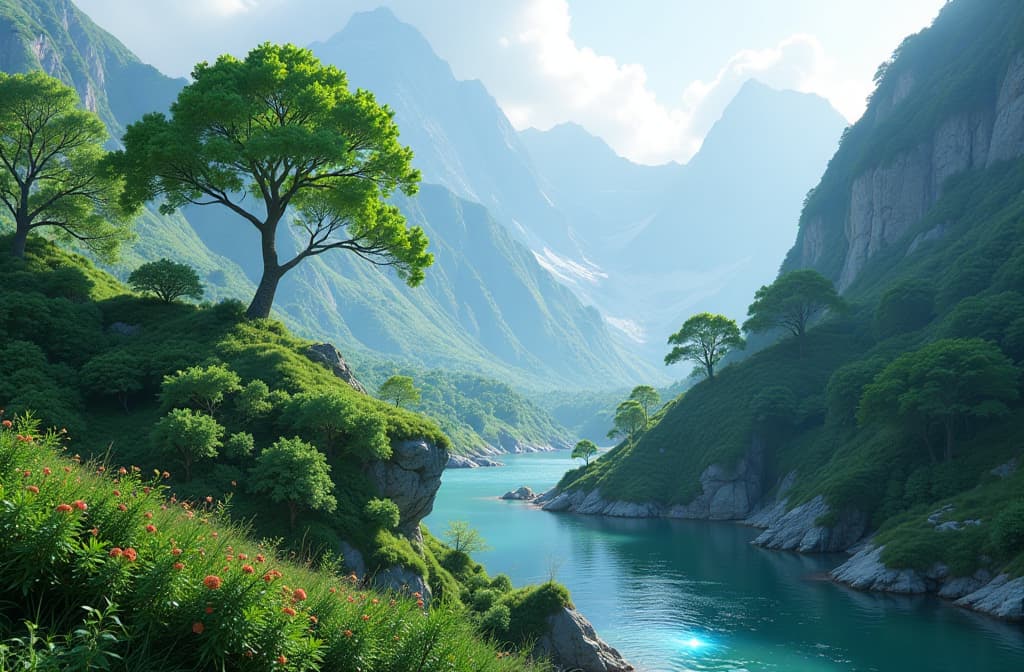  "create a stunning, high resolution landscape that showcases the merging of nature and technology. depict a serene valley with lush greenery, crystal clear rivers, and majestic mountains in the background, enhanced by futuristic elements like holographic trees and ethereal light beams. the scene should seamlessly blend organic beauty with advanced digital enhancements, capturing the essence of a world where nature and artificial intelligence coexist harmoniously." hyperrealistic, full body, detailed clothing, highly detailed, cinematic lighting, stunningly beautiful, intricate, sharp focus, f/1. 8, 85mm, (centered image composition), (professionally color graded), ((bright soft diffused light)), volumetric fog, trending on instagram, trending on tumblr, HDR 4K, 8K