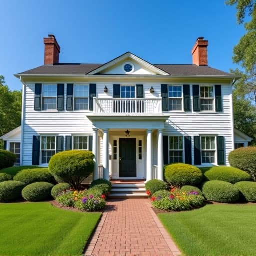  a beautiful two story colonial style home with white columns flanking the front door, surrounded by well manicured shrubs and colorful flowers, set against a clear blue sky.