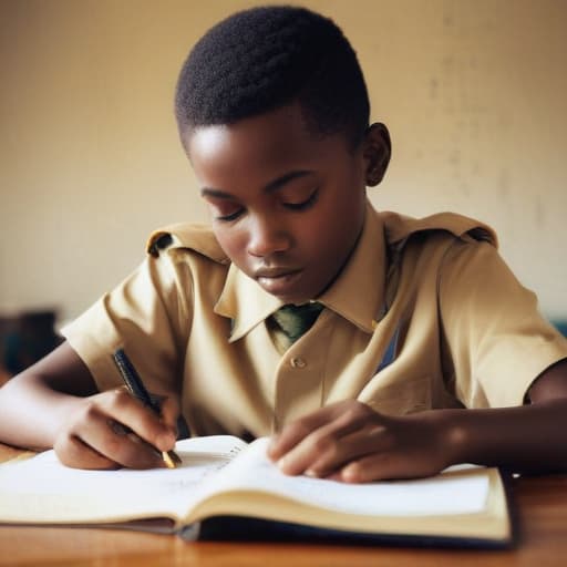 An image of an african age boy, with well hair and in uniform writing an essay