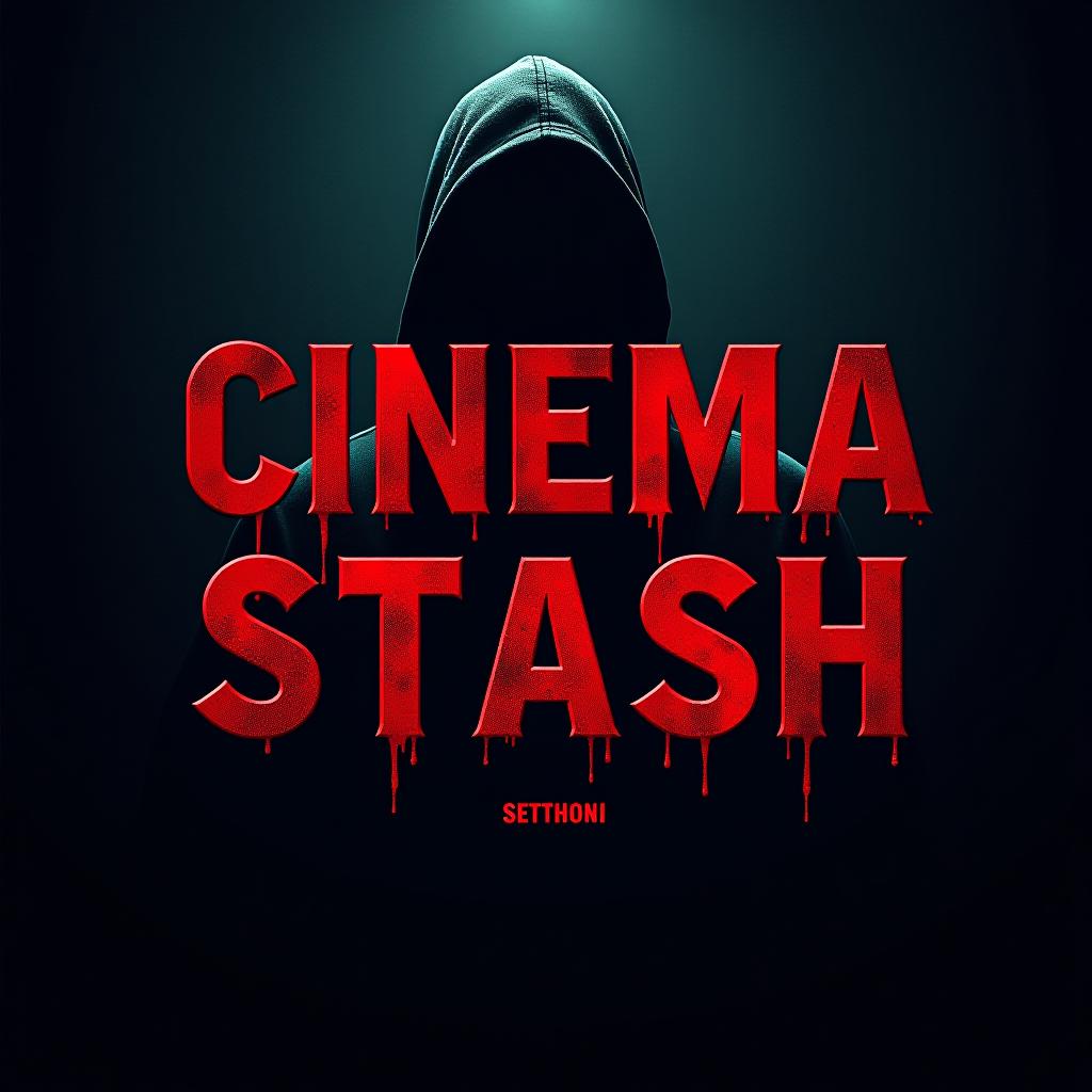  a movie poster logo of word "cinema stash", dark theme include character