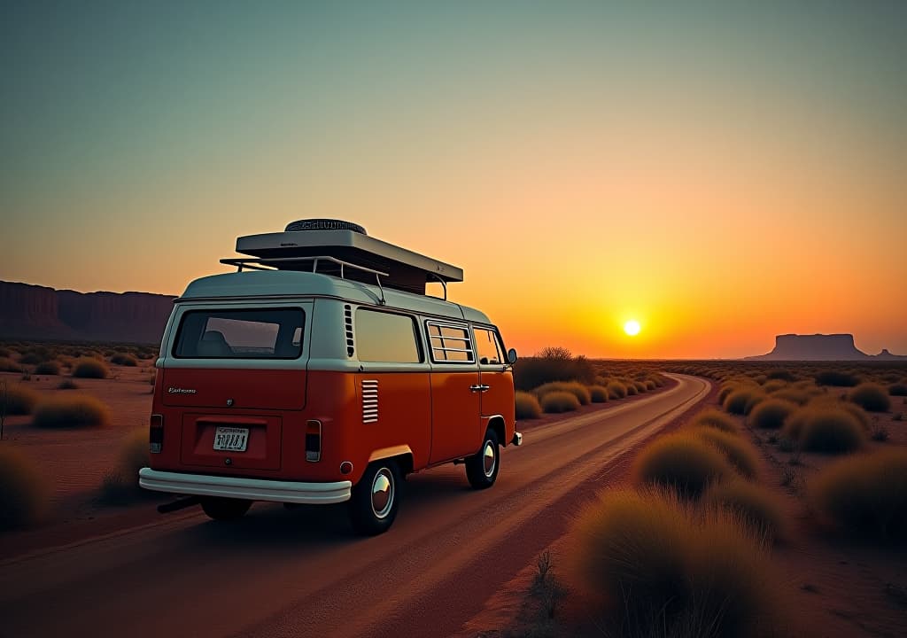  a vintage van traveling, nomadic escape alone in nature at sunset, on a desert path for a road trip towards adventure and freedom