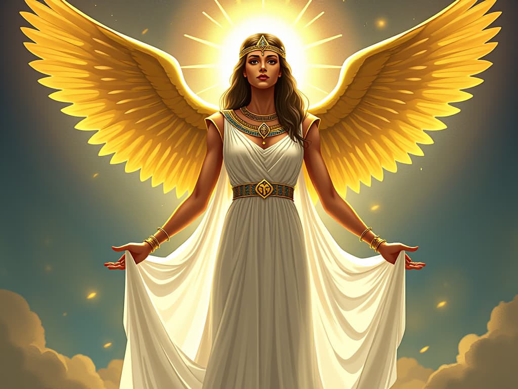  a radiant angelic figure clothed in a shimmering white gown, standing tall with golden wings outstretched, exuding a tranquil aura, surrounded by a gentle glow, symbolizing selfless giving. the style is digital art illustration / modern comic book / mysterious occult, symbolic, esoteric vibe,high detail on character design, incorporating ancient egyptian symbology and attire.