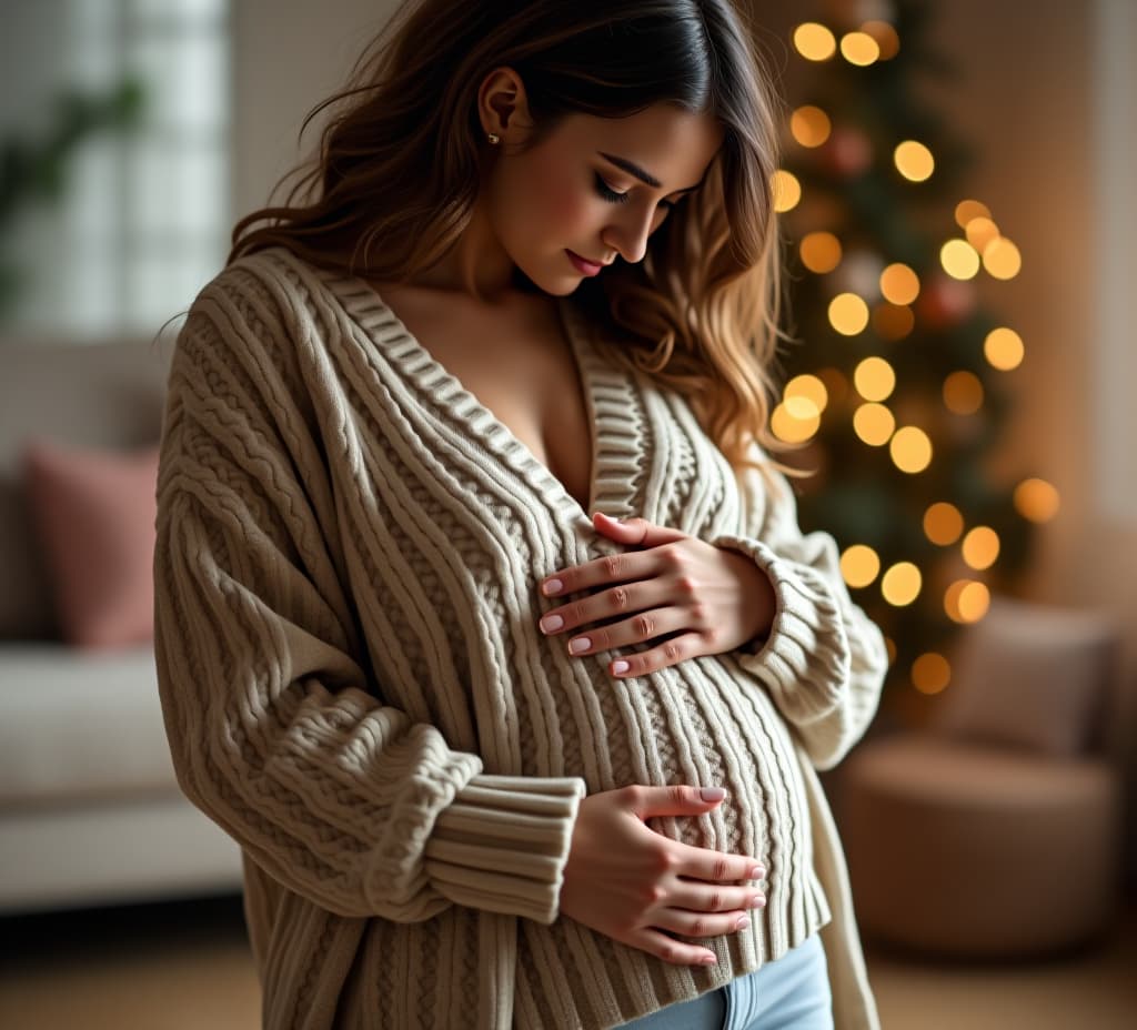  woman in cozy knit outfit cradling her stomach in a warm, serene indoor setting, high quality, high details, hd, perfect composition, 4k epic detailed, highly detailed, sharp focus, high resolution