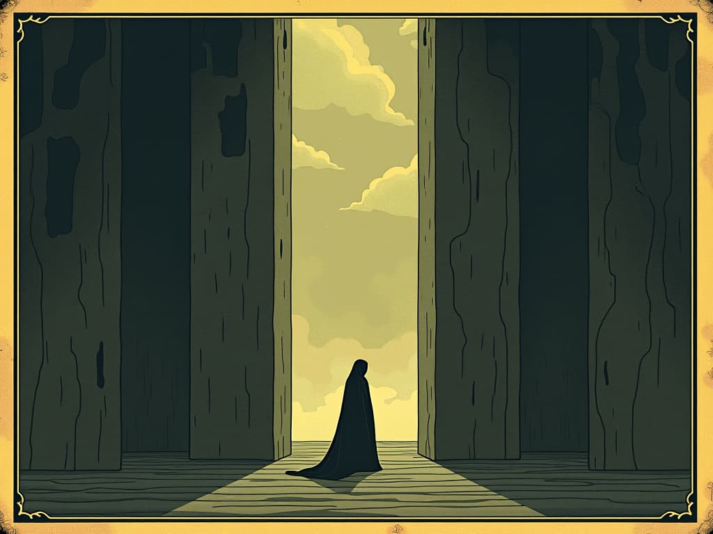  towering walls of light, figure enclosed within, serene and safe, barrier against darkness, wholeness, invulnerability. an illustration in the style of a worn, mystical old tarot trump card, mysterious and elements of surrealism. the colors are muted, somber and eerie, but with contrast bring out an occult and esoteric vibe.