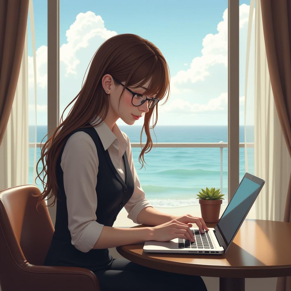  a travel agent girl with brown hair and a laptop, her face is hidden, in a beautiful hotel with a view of the sea, anime style. hyperrealistic, full body, detailed clothing, highly detailed, cinematic lighting, stunningly beautiful, intricate, sharp focus, f/1. 8, 85mm, (centered image composition), (professionally color graded), ((bright soft diffused light)), volumetric fog, trending on instagram, trending on tumblr, HDR 4K, 8K