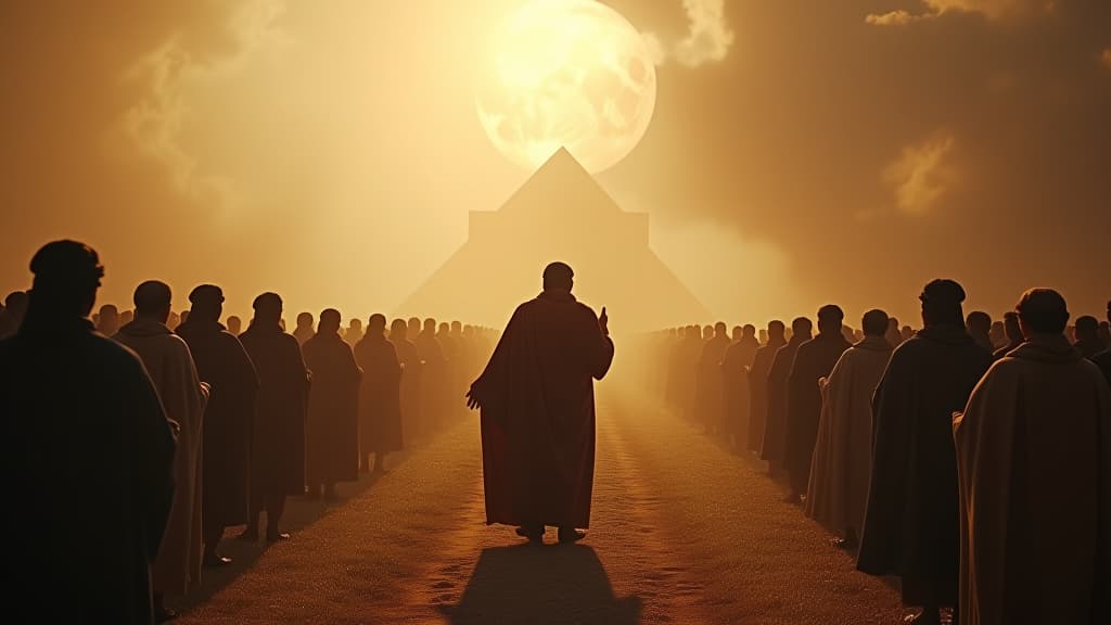  a biblical scene showing the command from god to spread across the earth, with people ignoring this command and focusing on building. hyperrealistic, full body, detailed clothing, highly detailed, cinematic lighting, stunningly beautiful, intricate, sharp focus, f/1. 8, 85mm, (centered image composition), (professionally color graded), ((bright soft diffused light)), volumetric fog, trending on instagram, trending on tumblr, HDR 4K, 8K