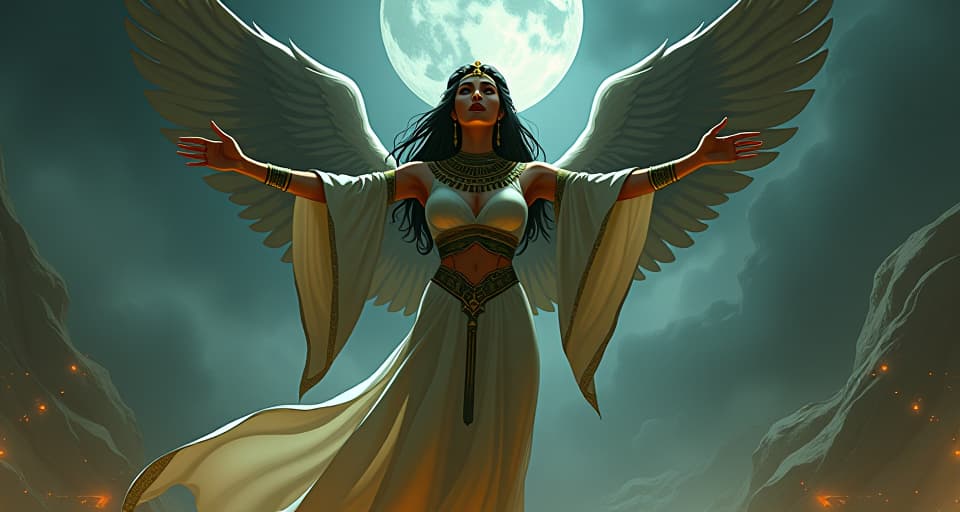  large busted priestess in sheer, form fitting clothing standing amidst a storm, hands raised, divine guardians above her, guiding her through. the style is digital art illustration / modern comic book / mysterious occult, symbolic, esoteric vibe,high detail on character design, incorporating ancient egyptian symbology and attire.