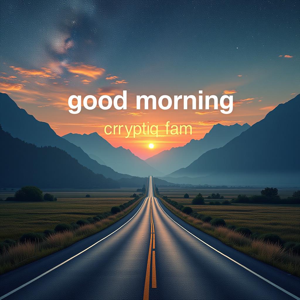  a long road between mountains and at the end of the road the message "good morning cryptiq fam" is written on the sky