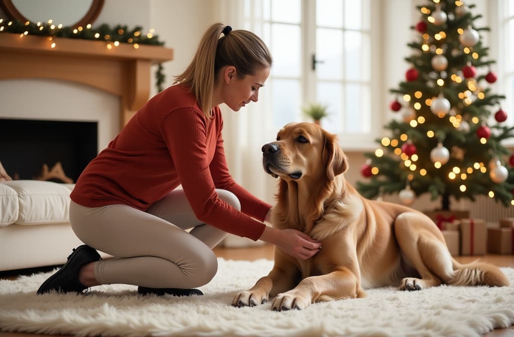  woman in light leggings and long sleeve top for sports petting her golden retriever dog on a sports rug in a bright living room decorated for christmas {prompt}, maximum details