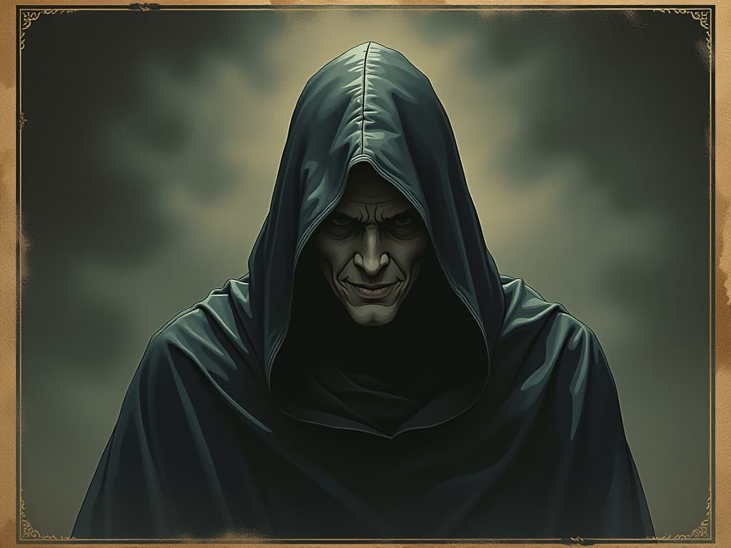  dark cloaked figure with a faint, mocking smirk, shadowy, misty background, air of envy and hidden malice, subtle tension. an illustration in the style of a worn, mystical old tarot trump card, mysterious and elements of surrealism. the colors are muted, somber and eerie, but with contrast bring out an occult and esoteric vibe.