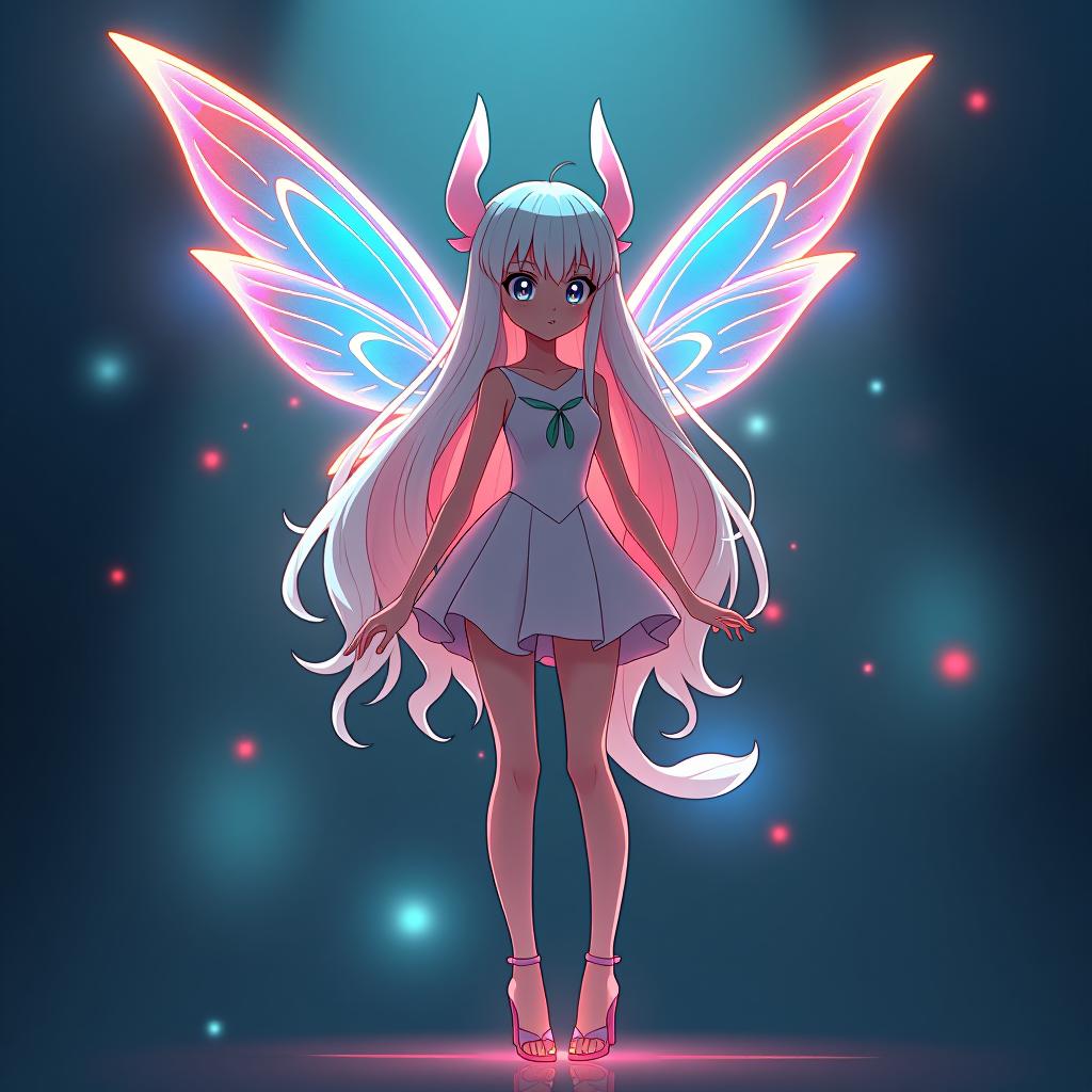  pokémon style the light vector contour of the fairy with the wings, the fairy is full of growth, in a short dress with very long light hairs of the contour line . vibrant, cute, anime, fantasy, reminiscent of pokémon series hyperrealistic, full body, detailed clothing, highly detailed, cinematic lighting, stunningly beautiful, intricate, sharp focus, f/1. 8, 85mm, (centered image composition), (professionally color graded), ((bright soft diffused light)), volumetric fog, trending on instagram, trending on tumblr, HDR 4K, 8K