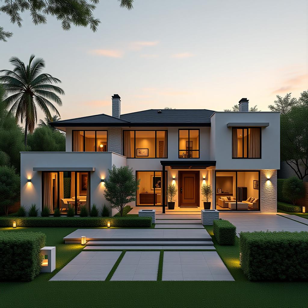  capture a stunningly beautiful, hyperrealistic 8k photograph of a full house view, including the entire exterior, front yard, and landscaping. the image should be taken in sharp focus and hdr, using a bird's eye view to showcase all architectural details and the surrounding contemporary garden. the photograph, characterized by bright soft diffused light typical of the golden hour, should be professionally color graded to enhance the contemporary style defined by the latest trends, clean lines, balance, and harmony. the house features vertical rectangular windows and a stucco finish, highlighted by dense furnishings and decorations in the garden. ensure the photograph remains unedited in raw format to preserve its intricate, highly detailed 