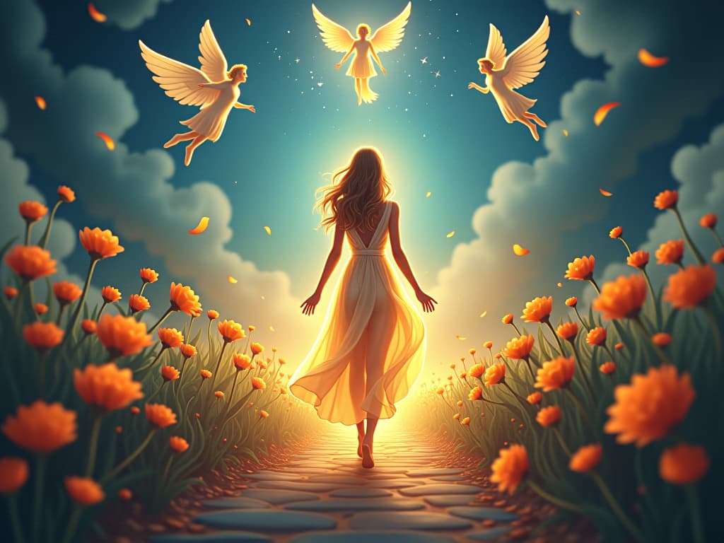  a radiant figure, dressed in glowing attire, walking a path lined with ethereal flowers and mystical symbols. celestial beings hover above, indicating the fulfillment of their soul's calling.. the style is digital art illustration,highly detailed, whimsical,magical, dreamlike atmosphere, realism and fantasy blend, smooth, glossy textures,luminous quality, wonder and enchantment.