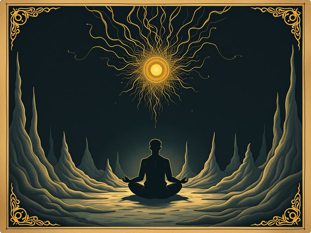  solitary figure meditating, dark void around, tendrils of light emanating, stillness, inner peace. an illustration in the style of a worn, mystical old tarot trump card, mysterious and elements of surrealism. the colors are muted, somber and eerie, but with contrast bring out an occult and esoteric vibe.