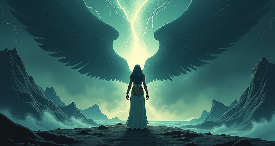  storm energy, wild and untamed, but within reach of a figure who stands in its heart, poised to command its power.. the style is digital art illustration / modern comic book / mysterious occult, symbolic, esoteric vibe,high detail on character design, incorporating ancient egyptian symbology and attire.