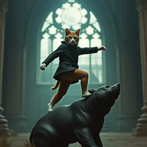  as the moonlight cascades through the shattered windows of an abandoned cathedral, hemule, the anthropomorphic light brown tabby cat, moves with grace amidst the eerie silence. hemule's green eyes gleam with defiance as he dances atop a fallen bear statue, its stone form weathered and cracked, symbolizing a fallen market. the atmosphere crackles with a mix of rebellion and elegance, showcasing hemule's immaculate style against the backdrop of decay. the scene captures hemule's edgy charisma, blending the surreal and the raw with each fluid movement. each step he takes echoes a tale of resilience and strength, a symbol of unwavering spirit in the face of adversity. the image is a masterpiece of contrasts, where the delicate dance hyperrealistic, full body, detailed clothing, highly detailed, cinematic lighting, stunningly beautiful, intricate, sharp focus, f/1. 8, 85mm, (centered image composition), (professionally color graded), ((bright soft diffused light)), volumetric fog, trending on instagram, trending on tumblr, HDR 4K, 8K