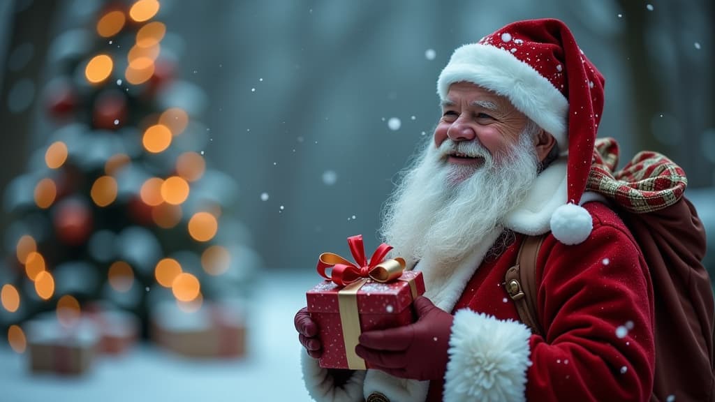  santa claus happy with gifts and snow copy space gentle soft bokeh ar 16:9 {prompt}, maximum details