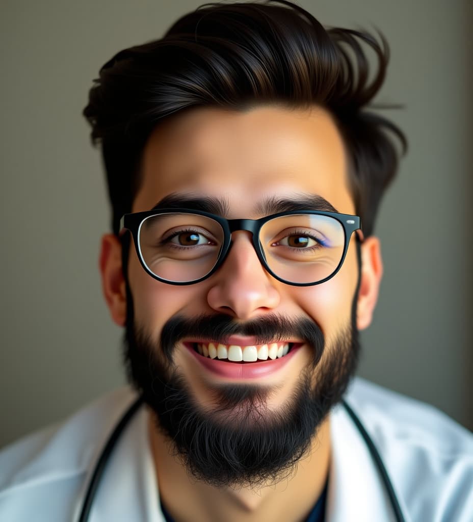  medical student beige warm skin tone beautiful smile smile lines and eye lines beard black and black hair black ryes glasses dreamy eyes nice guy and smart long nose and he is so funny and respectful