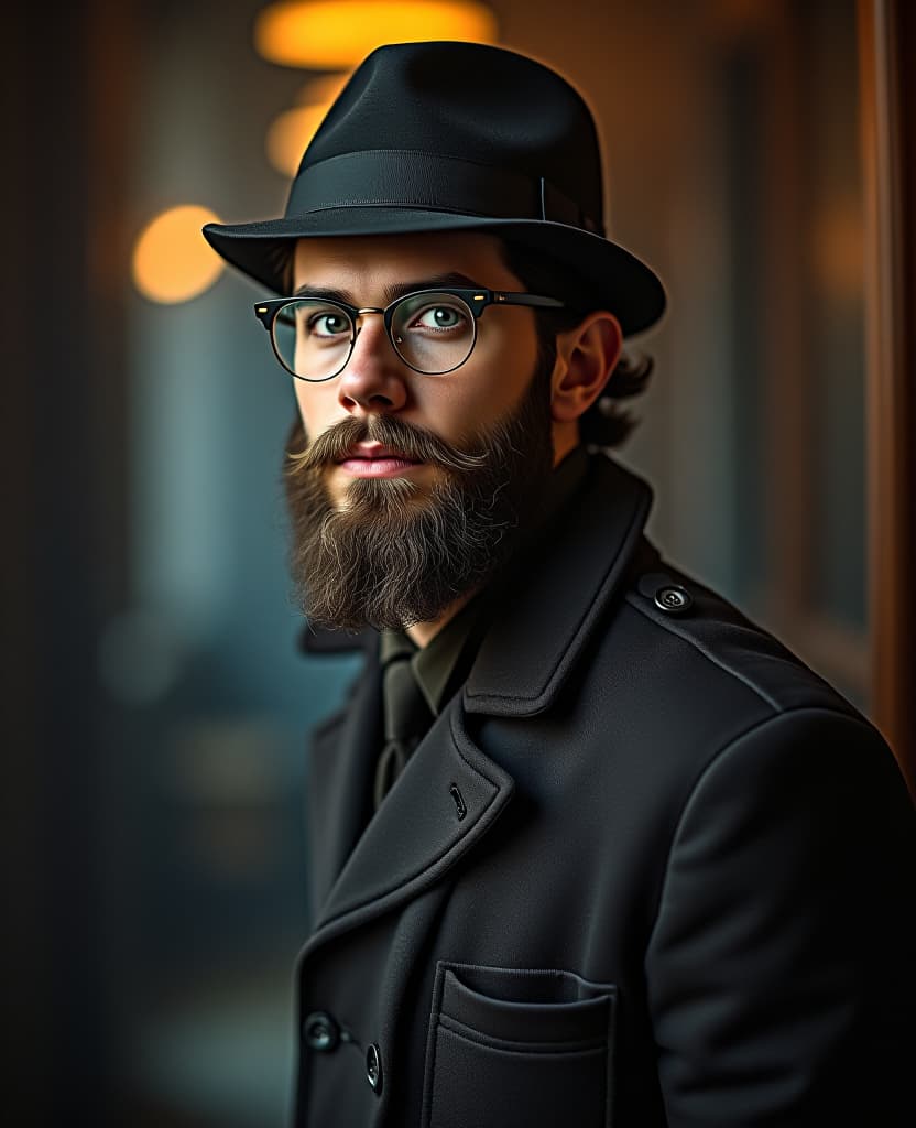  a young man with a beard detective 1920s hyperrealistic, full body, detailed clothing, highly detailed, cinematic lighting, stunningly beautiful, intricate, sharp focus, f/1. 8, 85mm, (centered image composition), (professionally color graded), ((bright soft diffused light)), volumetric fog, trending on instagram, trending on tumblr, HDR 4K, 8K