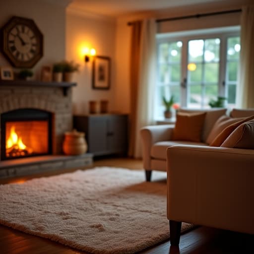  a cozy living room with warm lighting, a soft fluffy rug, a comfortable sofa with throw pillows, and a crackling fireplace in the background.