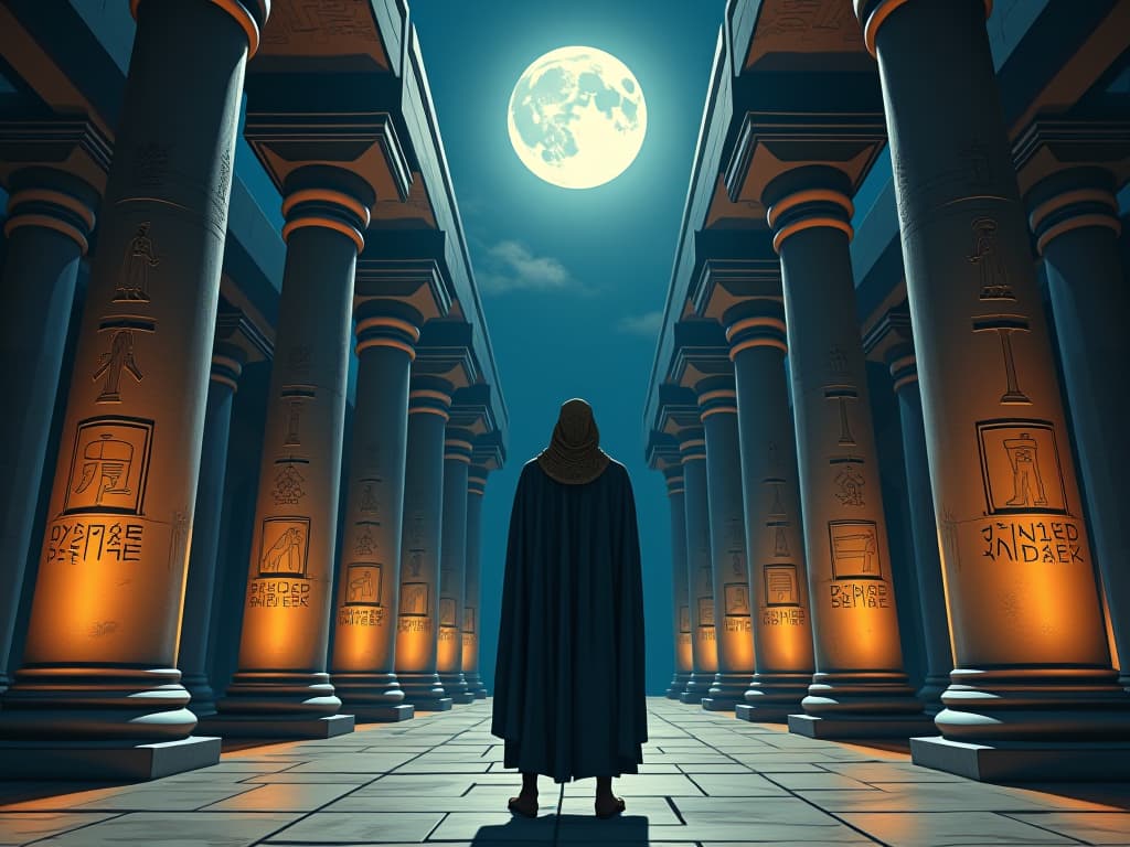  an ancient egyptian temple courtyard, under the full moon, casting long shadows, with towering columns engraved with hieroglyphs glowing under the moonlight, mystical ambiance. the style is digital art illustration / modern comic book / mysterious occult, symbolic, esoteric vibe,high detail on character design, incorporating ancient egyptian symbology and attire.