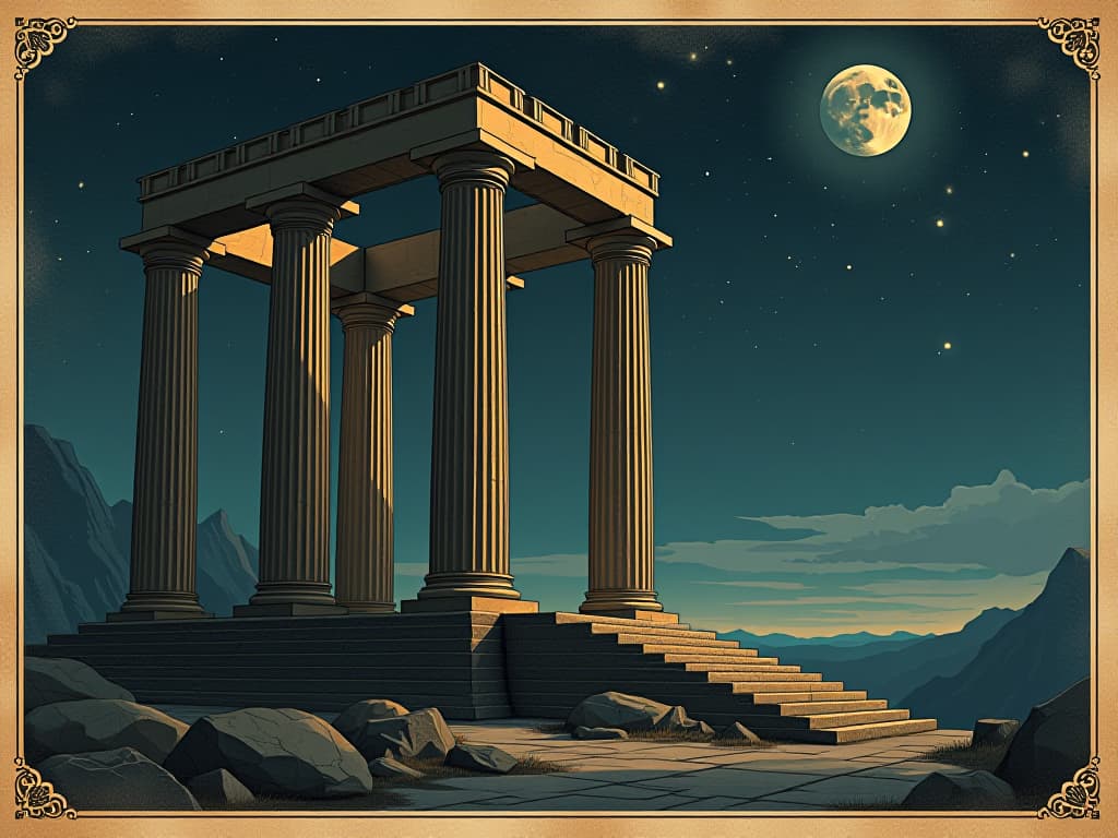  ancient greek temples under the starlit sky, tall marble columns, engraved with mythical scenes, an air of mystery and reverence, tranquil night setting. an illustration in the style of a worn, mystical old tarot trump card, mysterious and elements of surrealism. the colors are muted, somber and eerie, but with contrast bring out an occult and esoteric vibe.