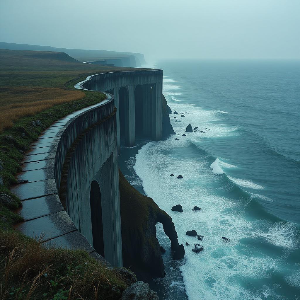  dystopian style hdr foto, concrete embankment of storm sea, view from the hill, stormic waves crashing on concrete, curvy horizon line landscape , high view frome above, angle view, 4k, artificial extremely high resolution details, photographic, realism pushed to extreme, fine texture, incredibly lifelike, complex background, uhd . bleak, post apocalyptic, somber, dramatic, highly detailed