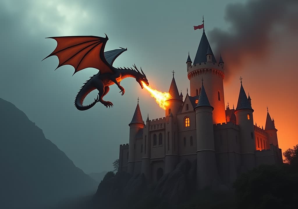  dragon flying above medieval castle breathing fire into tower