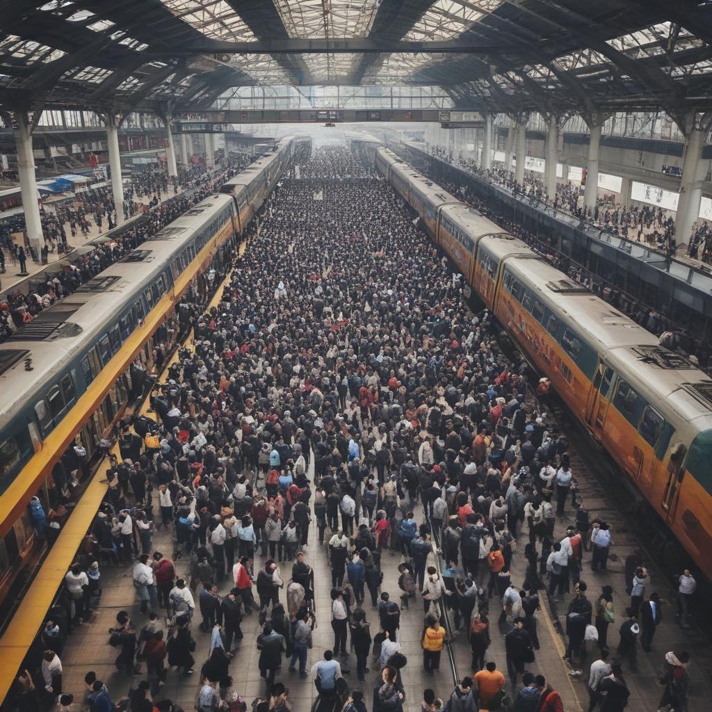 The train station is very crowded. It is the national labors day. A lot of people are coming back home. They are traveling from New York to Shanghai.