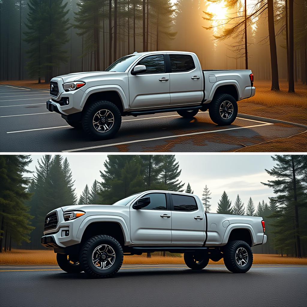  a white truck is parked in the parking lot, in the forest, and on the road.