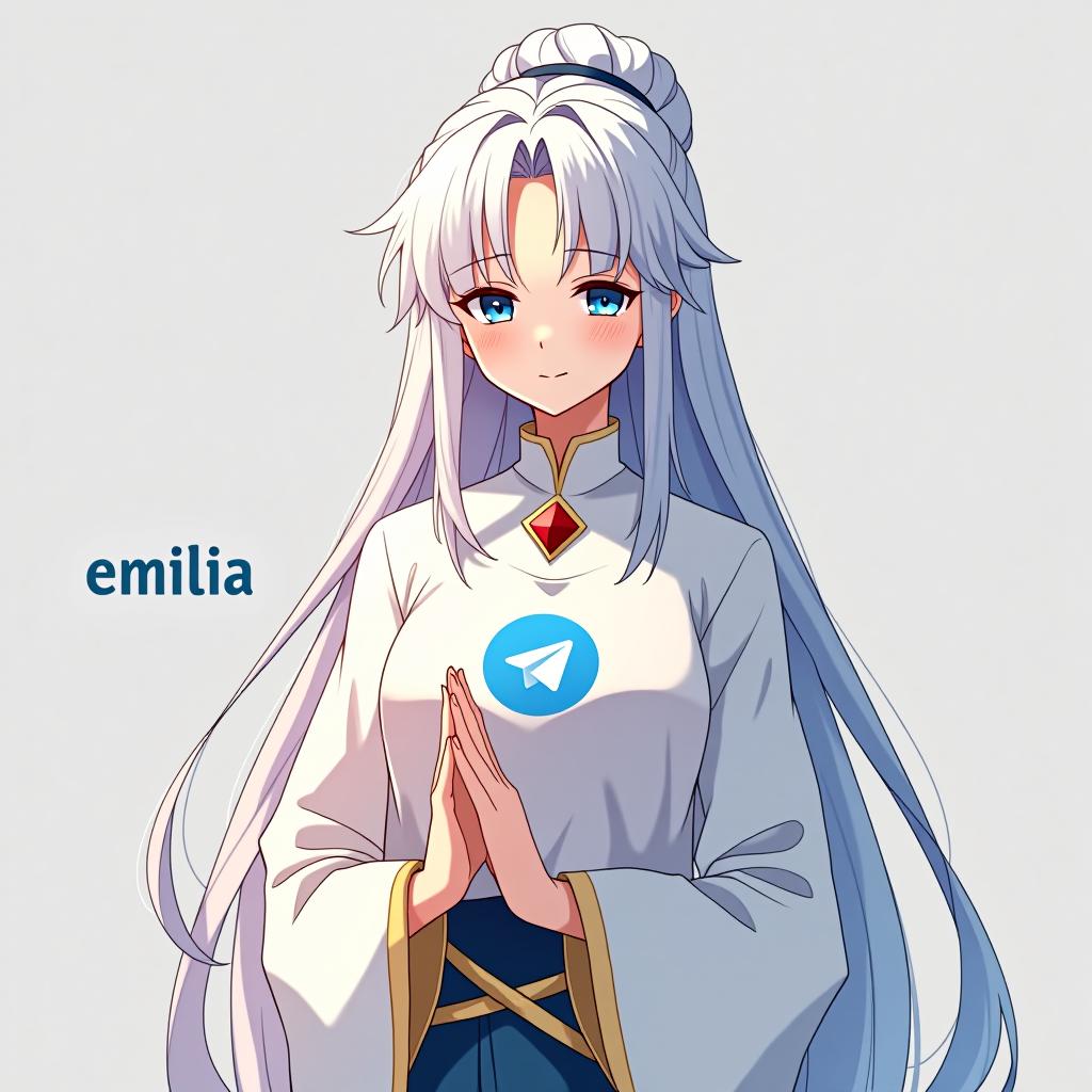  create a character inspired by emilia from re:zero starting life in another world the frozen bond. the character should have long white hair, a graceful and elegant appearance, and wear a shirt with the telegram icon/logo. she should be posed in a traditional indian style, such as performing a namaste, exuding serenity and peace. the background should be minimalistic, with the text 'emilia' in a stylish font placed near the character