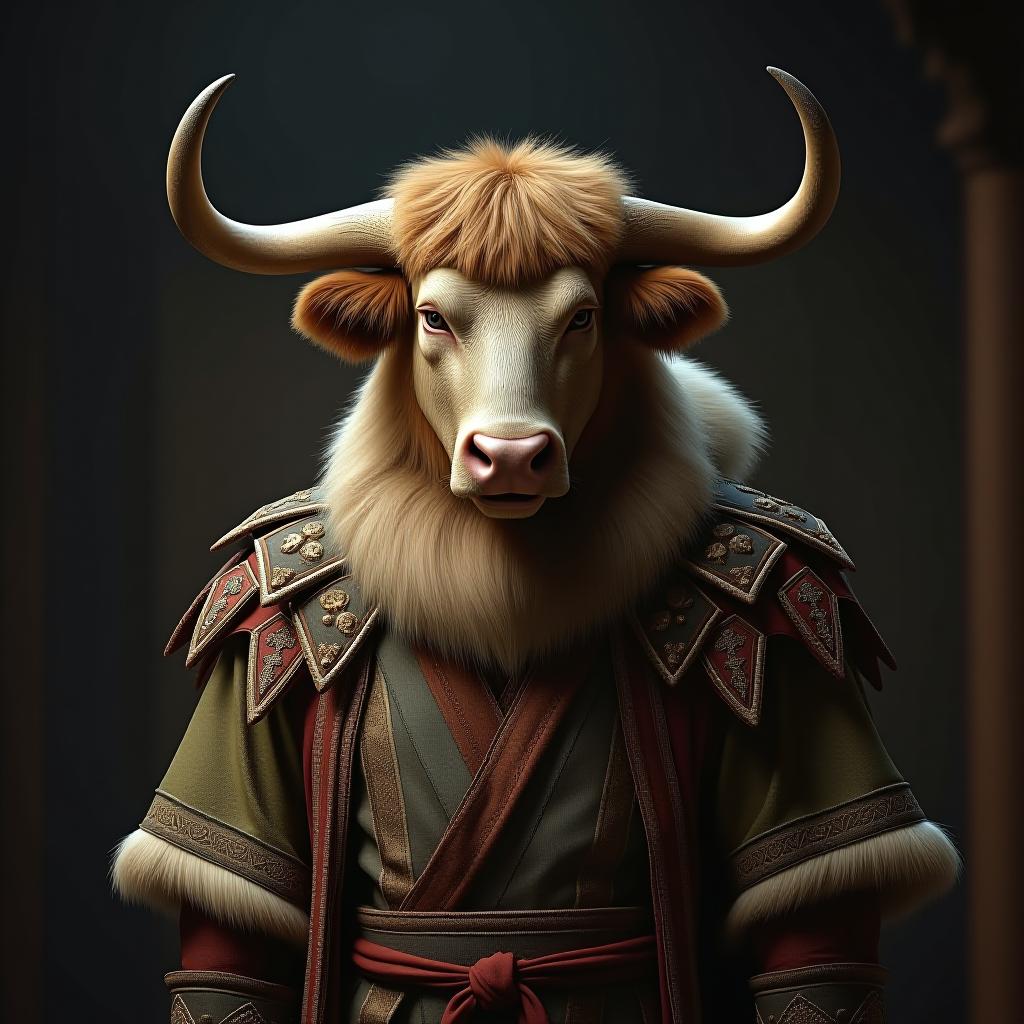  a majestic bull humanoid warrior dressed in ornate, traditional robes, standing confidently in a historical setting | detailed fur, intense gaze, intricate fabric textures, cinematic atmosphere, ethereal lighting | photorealistic | studio lighting