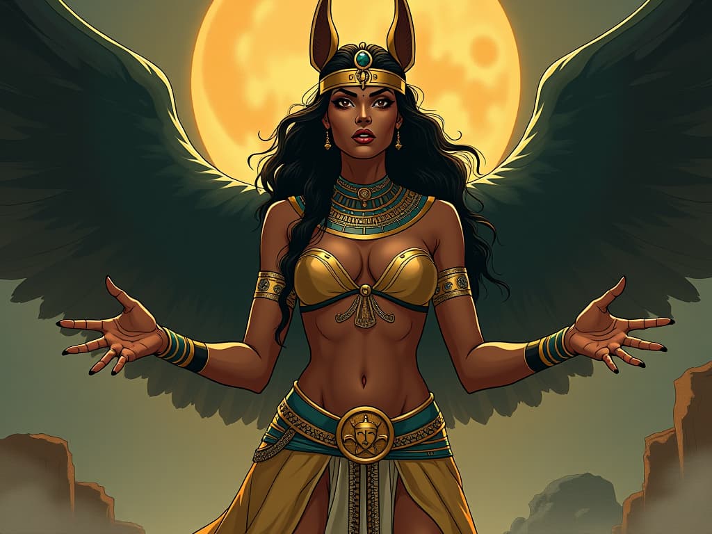  nabu like figure, large busted and alluring, inspiring profound awareness in those around her. the style is digital art illustration / modern comic book / mysterious occult, symbolic, esoteric vibe,high detail on character design, incorporating ancient egyptian symbology and attire.