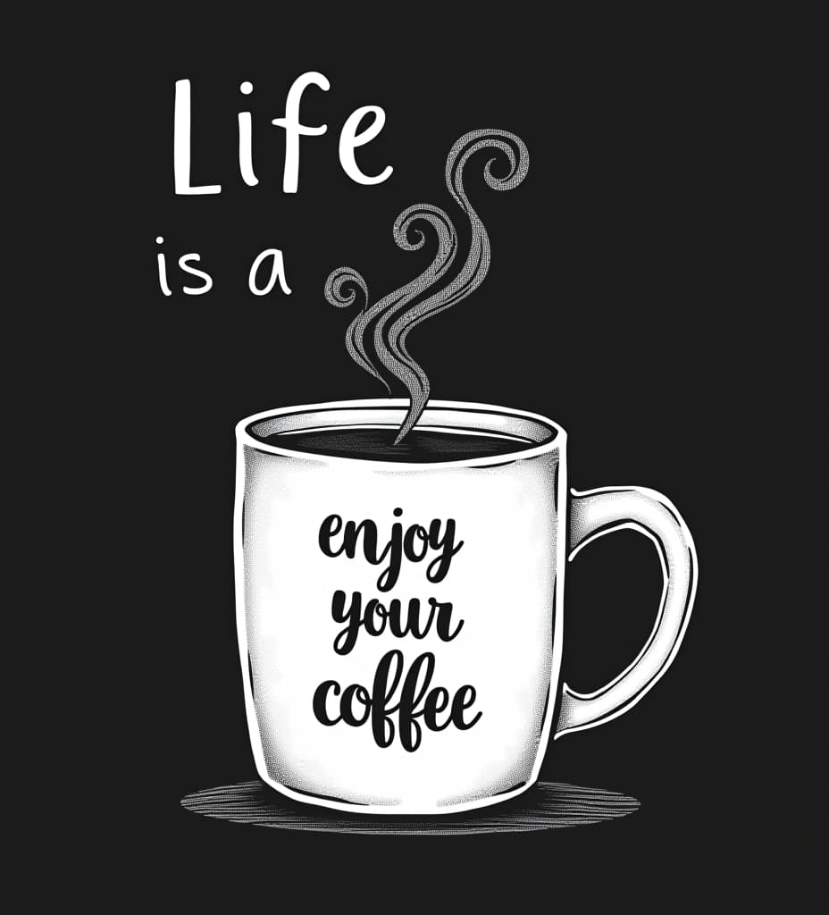  comic illustration of white coffee mug print, life is a journey enjoy your coffee, hand drawn illustration, artwork whole comic design is set on black background.