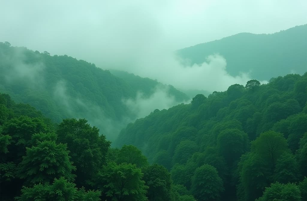  the scene captures the dense, lush green trees shrouded in a mystical layer of fog, creating a serene and tranquil atmosphere. the forest is rich with various shades of green 3:2 ar 3:2 {prompt}, maximum details