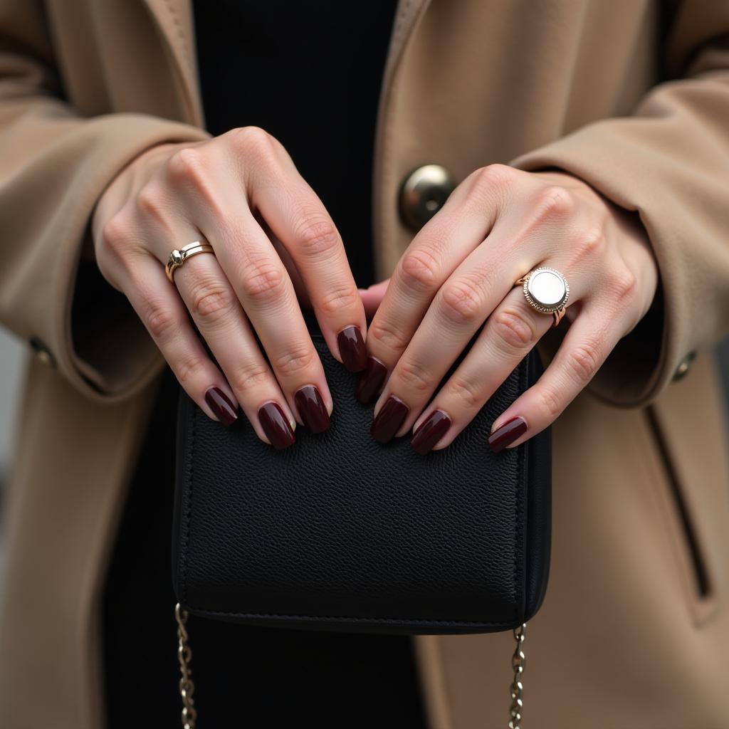  women's hands with beautiful nail polish and rings hold a small black bag