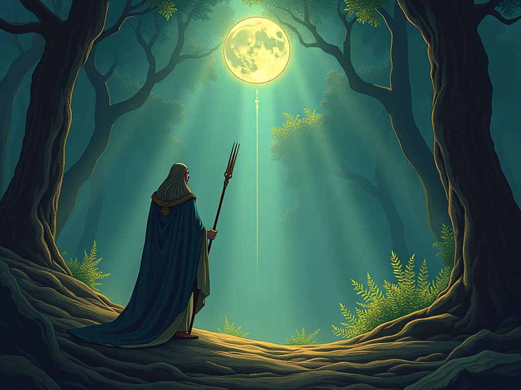  a serene forest with st. seraphim encountering an ethereal vision, his solitary devotion leading to spiritual insights, mystical and reverent atmosphere. the style is digital art illustration / modern comic book / mysterious occult, symbolic, esoteric vibe,high detail on character design, incorporating ancient egyptian symbology and attire.