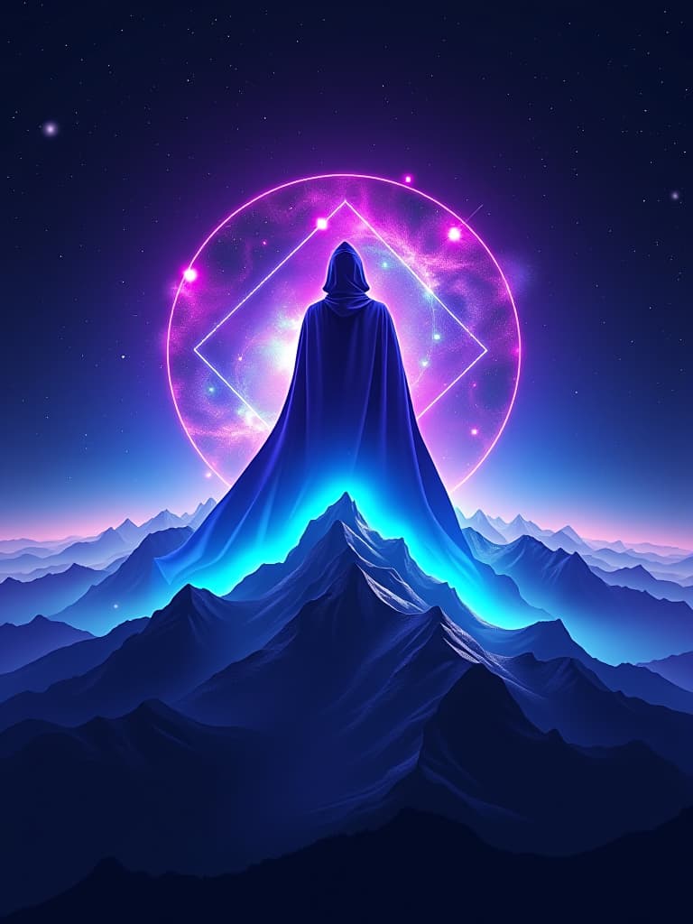  an epic logo for "flux 20b", depicting a space wizard in the style of a nebula background with blue and purple neon text on a white glowing background floating over a mountain range