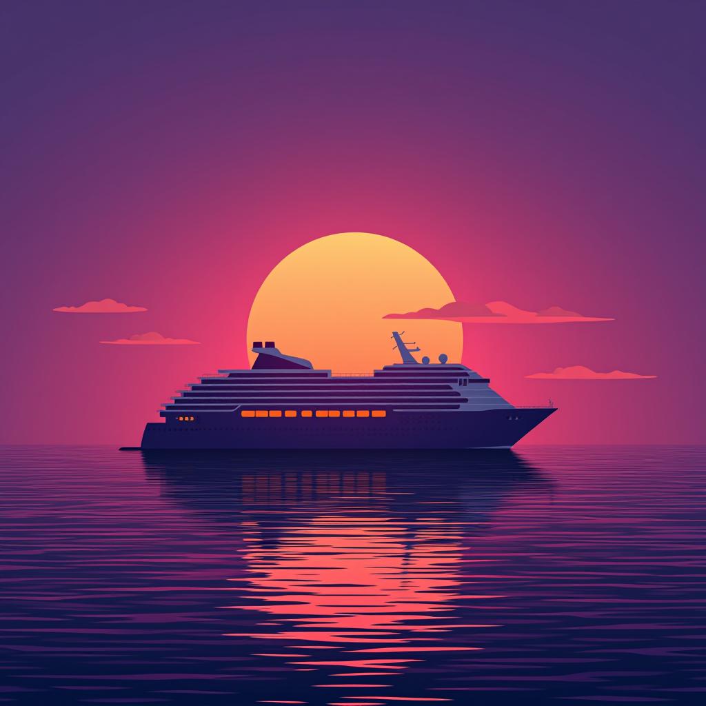  cruise liner against a purple sunset.