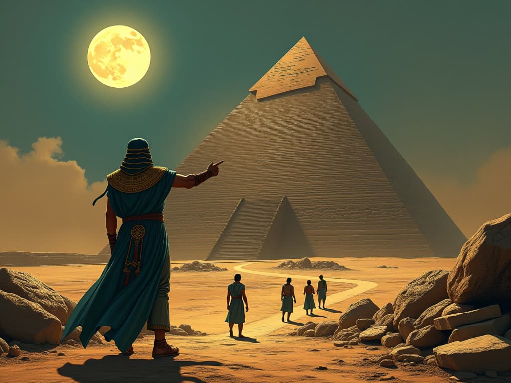  ancient architect in ceremonial garments, pointing towards an unfinished pyramid under the full moon, team of craftspeople working, atmosphere of turning vision into reality. the style is digital art illustration / modern comic book / mysterious occult, symbolic, esoteric vibe,high detail on character design, incorporating ancient egyptian symbology and attire.